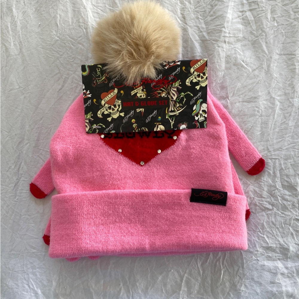 Ed Hardy Love kills slowly rhinestone cute pink girly beanie with red heart